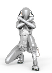 cyber soldier female crouching with arms in x