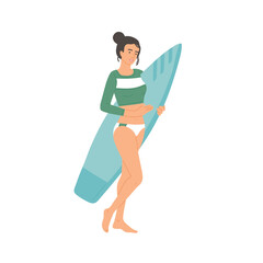 Girl in swimsuit with surfboard stands. Young female athlete leads a healthy active lifestyle. Vector flat cartoon isolated illustration.