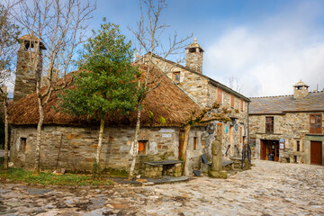 O Cebreiro, Spain - Traditional Celtic Thatched Roof Payoza House in Galicia Spain on St James Way...