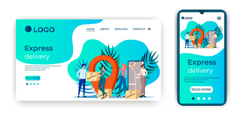 Express delivery.People with boxes on the background of a mobile phone.Concept of online orders, online trade.Landing page template and smartphone adaptation.Flat vector illustration.