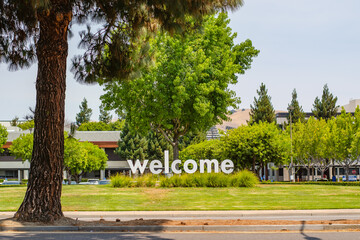 Welcome lettering on the lawn in Fremont