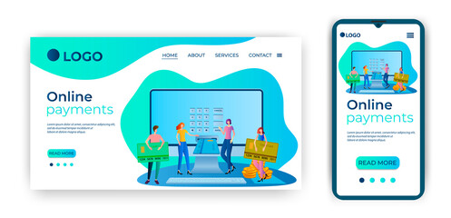 Online payments.People with credit cards on the background of a computer with a terminal.The concept of fast money transfers.Template for landing pages and adaptations for smartphones.Flat vector illu
