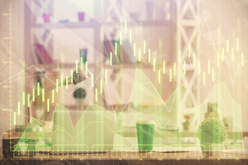 Double exposure of stock market graph drawing and office interior background. Concept of financial...