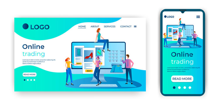 Web store.Online trading.People make purchases in an online store.The concept of digital Commerce.Landing page template is an adaptation for a smartphone.Flat vector illustration.