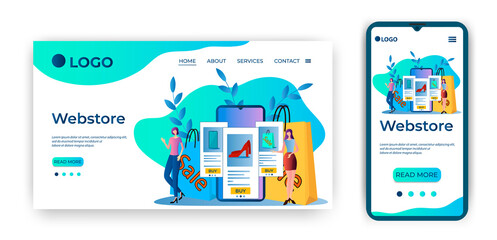 Web store.People are shopping in an online store.The concept of online trading.Secure online purchases.Landing page template and smartphone adaptation.Flat vector illustration.