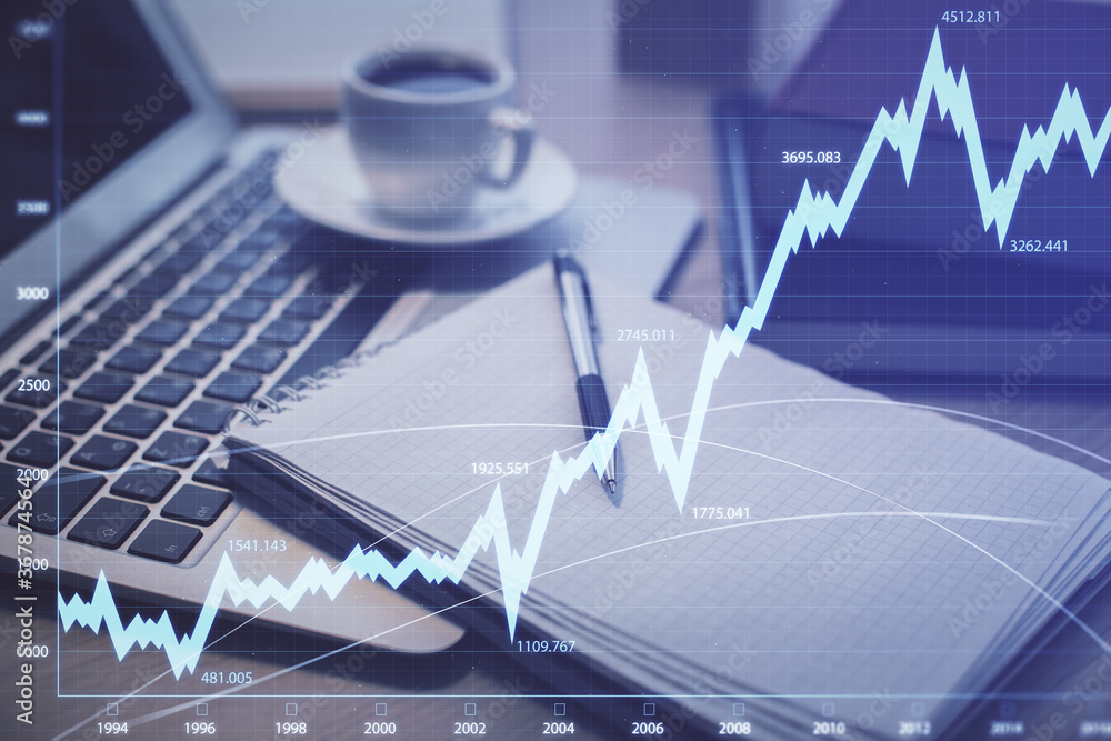 Poster double exposure of forex chart drawing and desktop with coffee and items on table background. concep