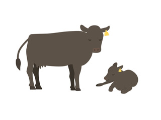牛の親子のイラスト  黒毛和牛
