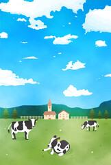 Fototapeta premium 牧場と牛の水彩風景イラスト