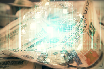 Multi exposure of social network drawing over us dollars bill background. Concept of people connection.