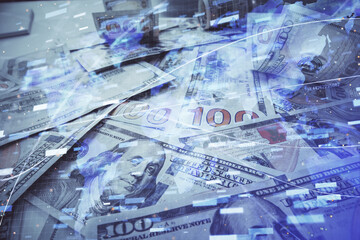 Double exposure of data theme drawing over us dollars bill background. Technology concept.