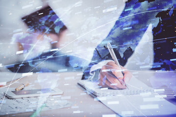 Double exposure of data theme sketch drawing over people writing background. Concept of technology