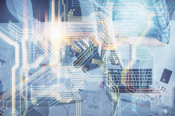 Double exposure of man and woman working together and world map hologram drawing. international network concept. Computer background. Top View.