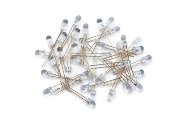 Set of white light-emitting diodes isolated on a white background, top view. Electronic components