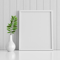 White interior poster mock up with empty frame and plant in vase on white wood wall background. 3D render 3D illustration