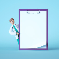 3d render. Cartoon doctor character looking out the big clipboard with blank page. Copy space. Clip art isolated on blue background. Professional consultation. Receipt mockup. Medical history concept - obrazy, fototapety, plakaty
