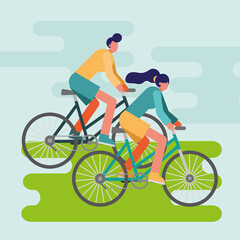 young couple bikes ride sport characters
