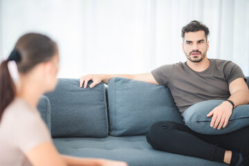 Woman and man couple in social distancing at home