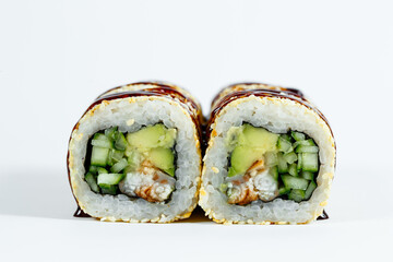 Japanese traditional food. Sushi rolls philadelphia classic with fresh eel and cream cheese and caviar