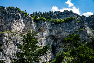A close up of a rock mountain with trees in the background
