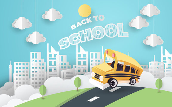 Paper art of school bus running out from city to school  back to school concept