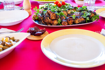 Ramadan iftar food on table ready to be served and eaten