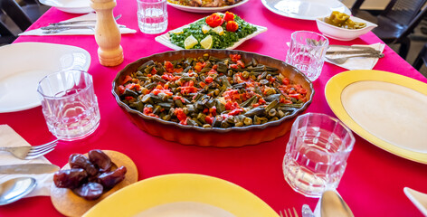 Ramadan iftar food on table ready to be served and eaten
