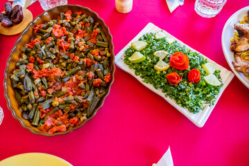 Ramadan iftar food on table ready to be served and eaten