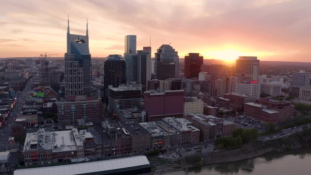 Downtown Nashville Aerial At Sunset