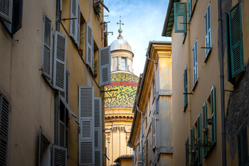Fototapeta na wymiar The dome and cupola of Sainte Reparate or Nice Cathedral on Place Rossetti in the old town Vieux City on the French Riviera in Nice, France.