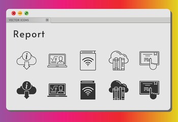 report icon set. included cloud, professor, audiobook, information, touchscreen icons on white background. linear, filled styles.