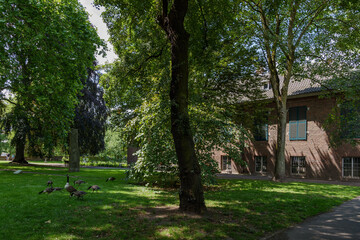 Outdoor sunny and shady scenery around Rosengarten, tranquil garden nearby Stadtmuseum Düsseldorf with historical brick architecture, in Germany.
