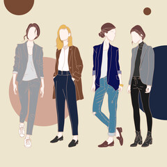 Fototapeta na wymiar Street fashion girls, fashionable style on a casual day. working women style vector characters. LGBT vector characters.