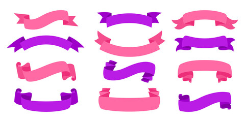 Ribbon blank vintage collection. Tape flat set decorative icons. Colored design ribbons sign cartoon style. Web icon kit of text banner tapes, greeting cards, invitations. Isolated vector illustration