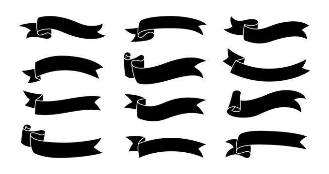 Ribbon black glyph set. Decorative tape bent on one side icons collection. Modern monochrome design, silhouette ribbons cartoon style. Web icon kit of text banner. Isolated vector illustration