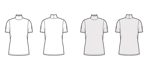 Turtleneck jersey sweater technical fashion illustration with short sleeves, oversized body tunic length. Flat outwear apparel template front back white grey color. Women men unisex shirt top mockup