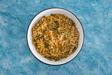 plant-based food, vegan rice and toasted farro with turmeric and vegetables