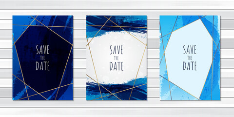 Wedding invitation card brush blue abstract template