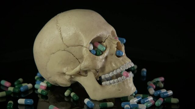 Pills with narcotic. Skull with capsules of pills. Death from antidepressant overdose.