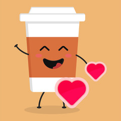 Cute flat cartoon coffee illustration. Vector illustration of cute coffee with a smiling expression.	