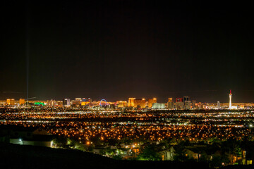 Night high angle view of the famous Las Vegas Strip and cityscape