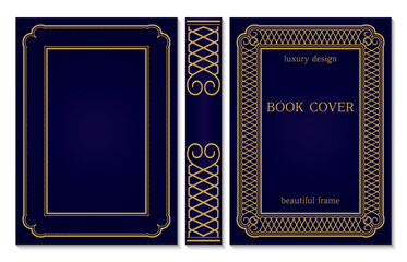 Ornate book cover and spine design. Old retro ornament frames. Royal Golden and dark blue style design. Vintage Border to be printed on the covers of books.
