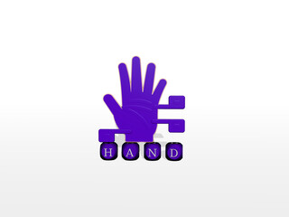 3D graphical image of hand vertically along with text built by metallic cubic letters from the top perspective, excellent for the concept presentation and slideshows. illustration and background