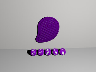 3D representation of steak with icon on the wall and text arranged by metallic cubic letters on a mirror floor for concept meaning and slideshow presentation. beef and meat