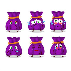 Purple candy sack cartoon character with sad expression