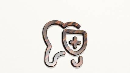 DENTISTRY TOOTH SHIELD on the wall. 3D illustration of metallic sculpture over a white background with mild texture. dental and care