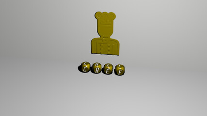 3D graphical image of CHEF vertically along with text built by metallic cubic letters from the top perspective, excellent for the concept presentation and slideshows. cook and cooking