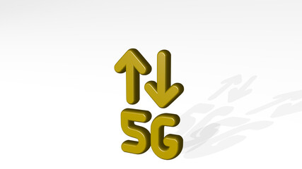 CELLULAR NETWORK 5G stand with shadow. 3D illustration of metallic sculpture over a white background with mild texture. phone and cellphone