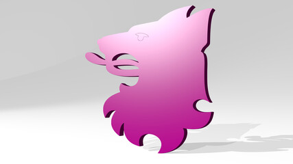 WOLF SYMBOL made by 3D illustration of a shiny metallic sculpture on a wall with light background. animal and design