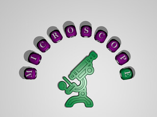 Plakat 3D illustration of MICROSCOPE graphics and text around the icon made by metallic dice letters for the related meanings of the concept and presentations. biology and laboratory