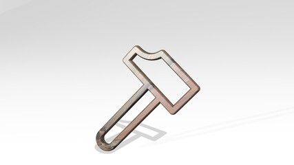 hammer casting shadow from a perspective. A thick sculpture made of metallic materials of 3D rendering. illustration and background